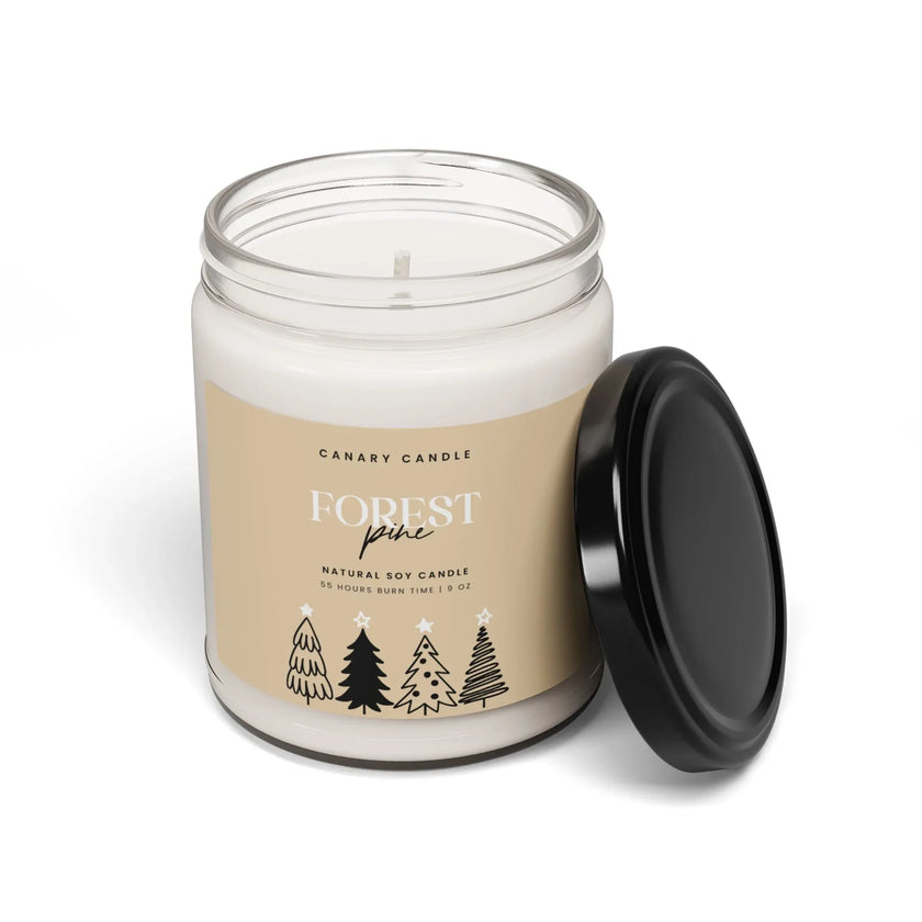 Forest Pine Soy Candle in a reusable glass jar with a black lid, featuring a natural pine scent for home and holiday.