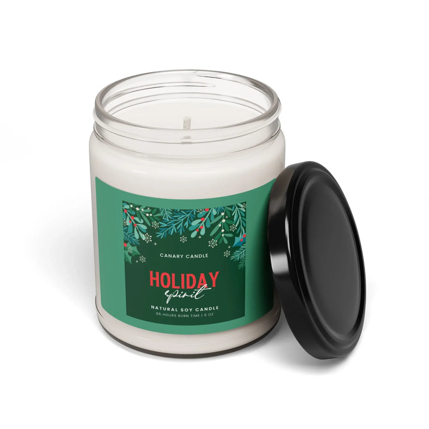 Holiday Spirit candle in a reusable glass jar, featuring festive pine and citrus scents, perfect for holiday warmth.