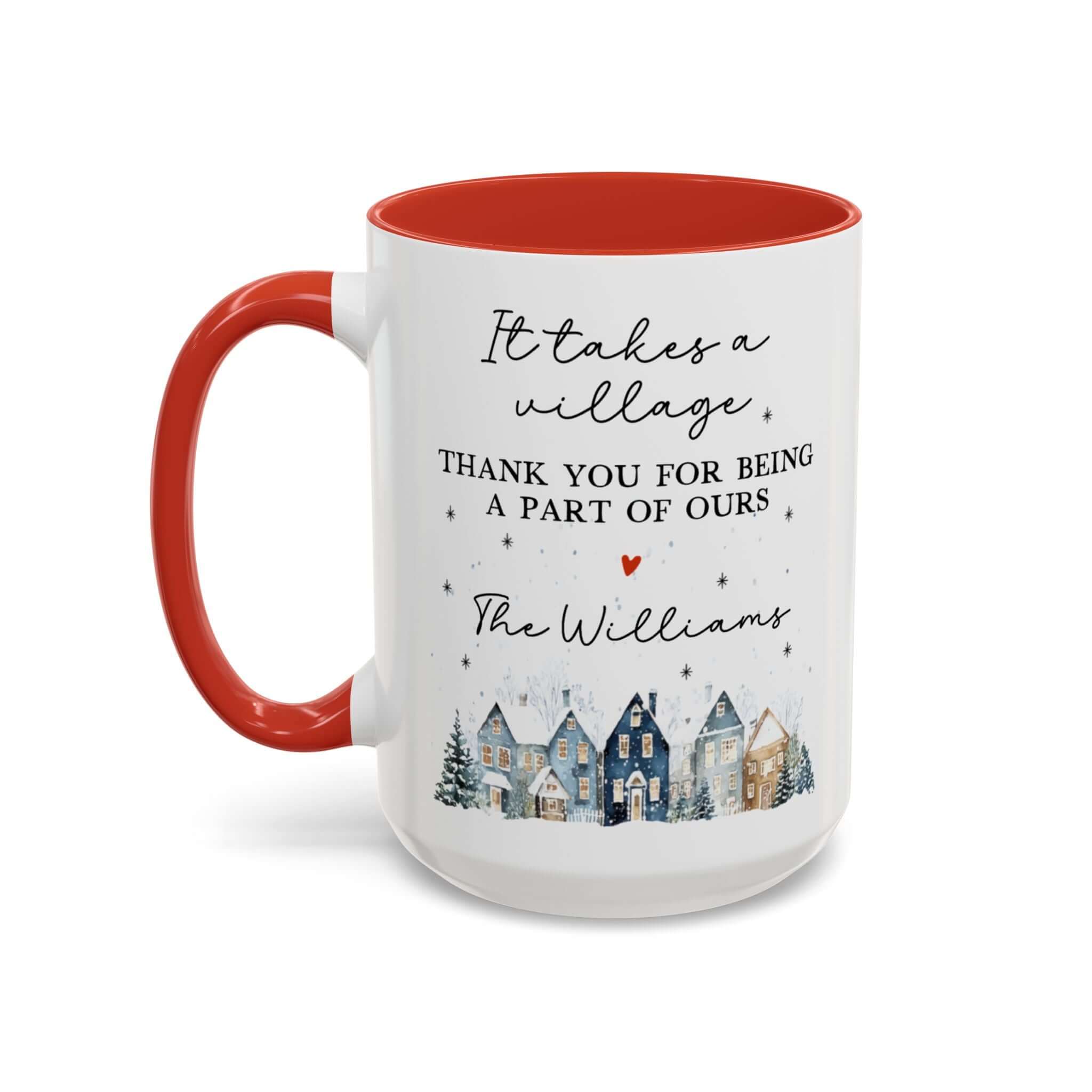 Personalized Thank You mug featuring a winter village design and a heartfelt message for the Williams family.