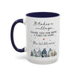 Personalized Thank You mug featuring a winter village design and heartfelt message for family.