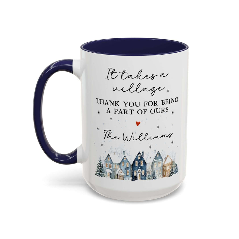 Personalized Thank You mug featuring a winter village design and heartfelt message for family.