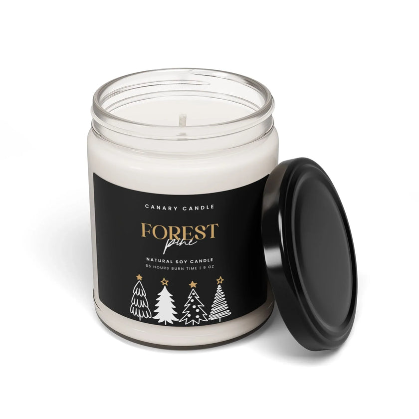Holiday candle - Forest Pine Scented Soy 9oz Jar with elegant black label and lid.