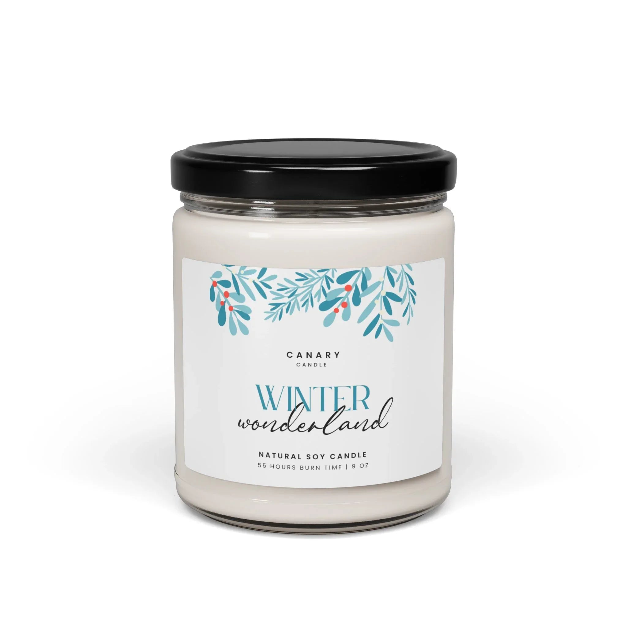 Holiday Aromatherapy candle in a glass jar with Winter Wonderland scent and natural soy wax blend.