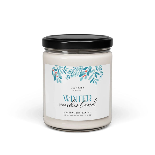 Holiday Aromatherapy candle in a glass jar with Winter Wonderland scent and natural soy wax blend.
