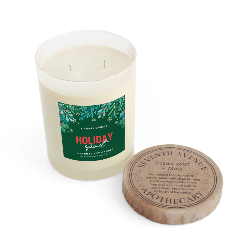Holiday Spirit Scented Candle in glass jar with wood lid, featuring Ocean Mist & Moss scent.