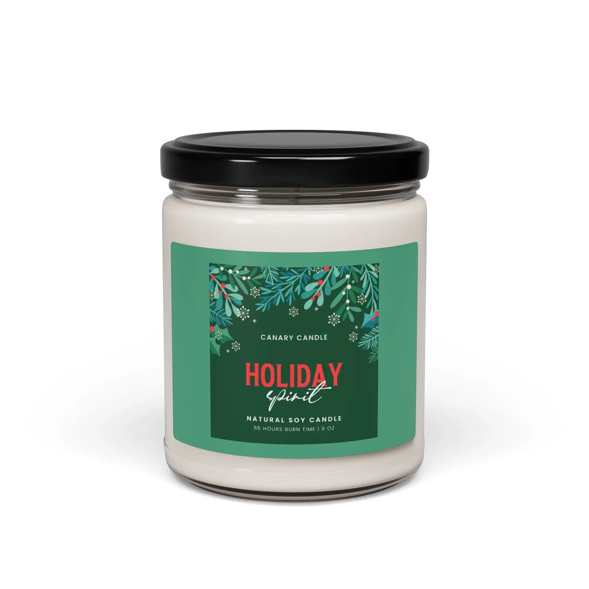 Holiday Spirit candle in a reusable glass jar with festive holiday design.