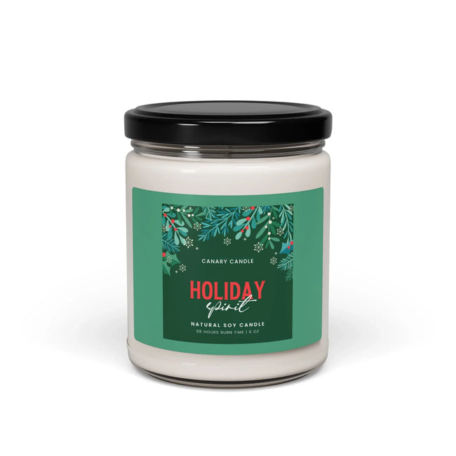 Holiday Spirit candle in a reusable glass jar with festive holiday design.