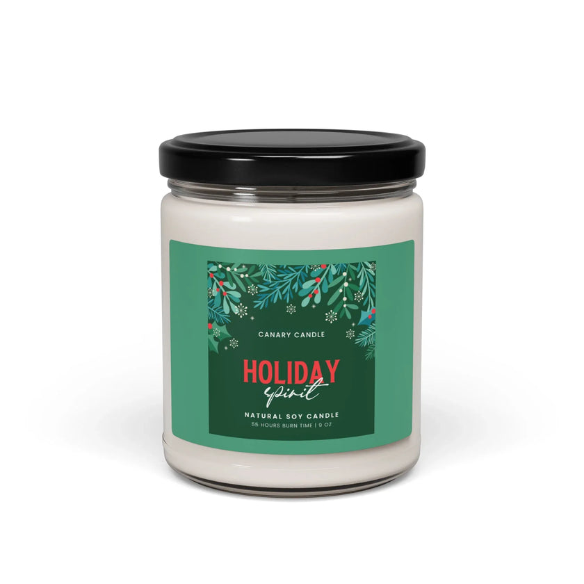 Holiday Spirit candle in a reusable glass jar with festive holiday design.