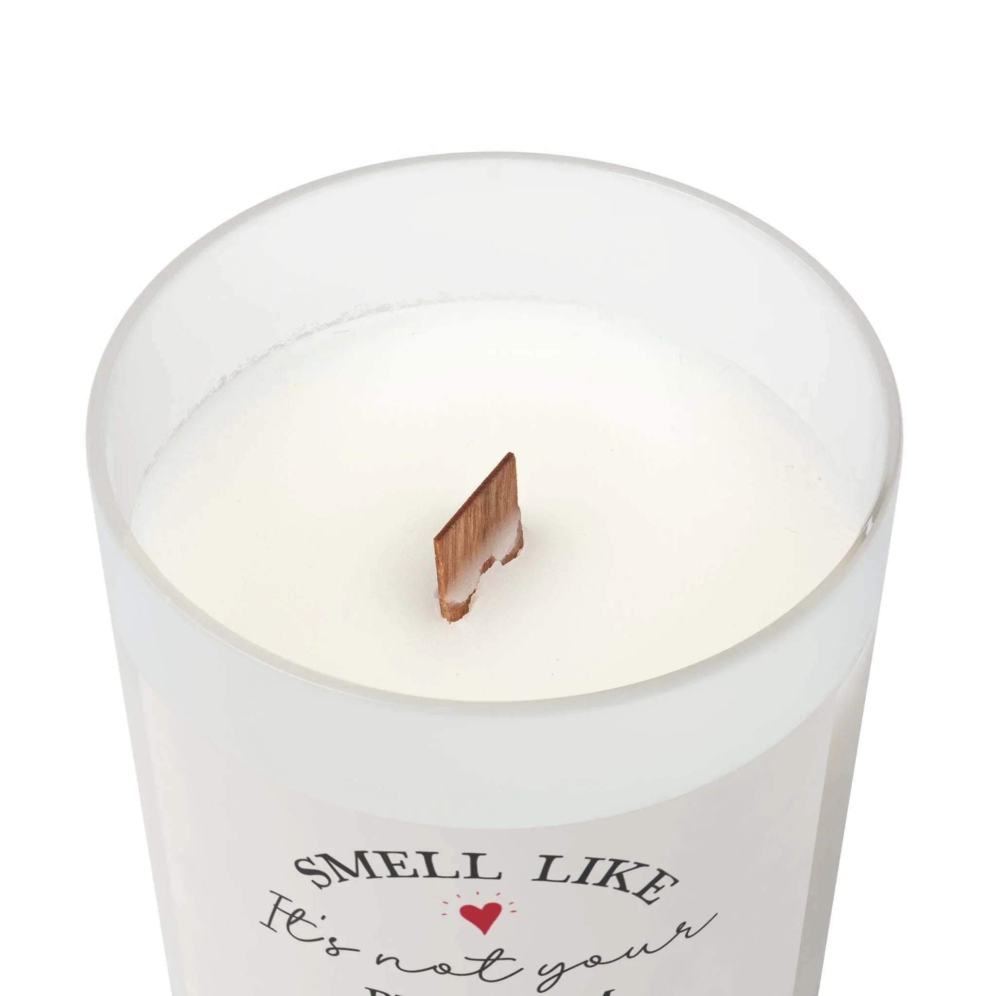 Retirement Gift Candle with playful retirement message and wooden wick in frosted glass vessel.