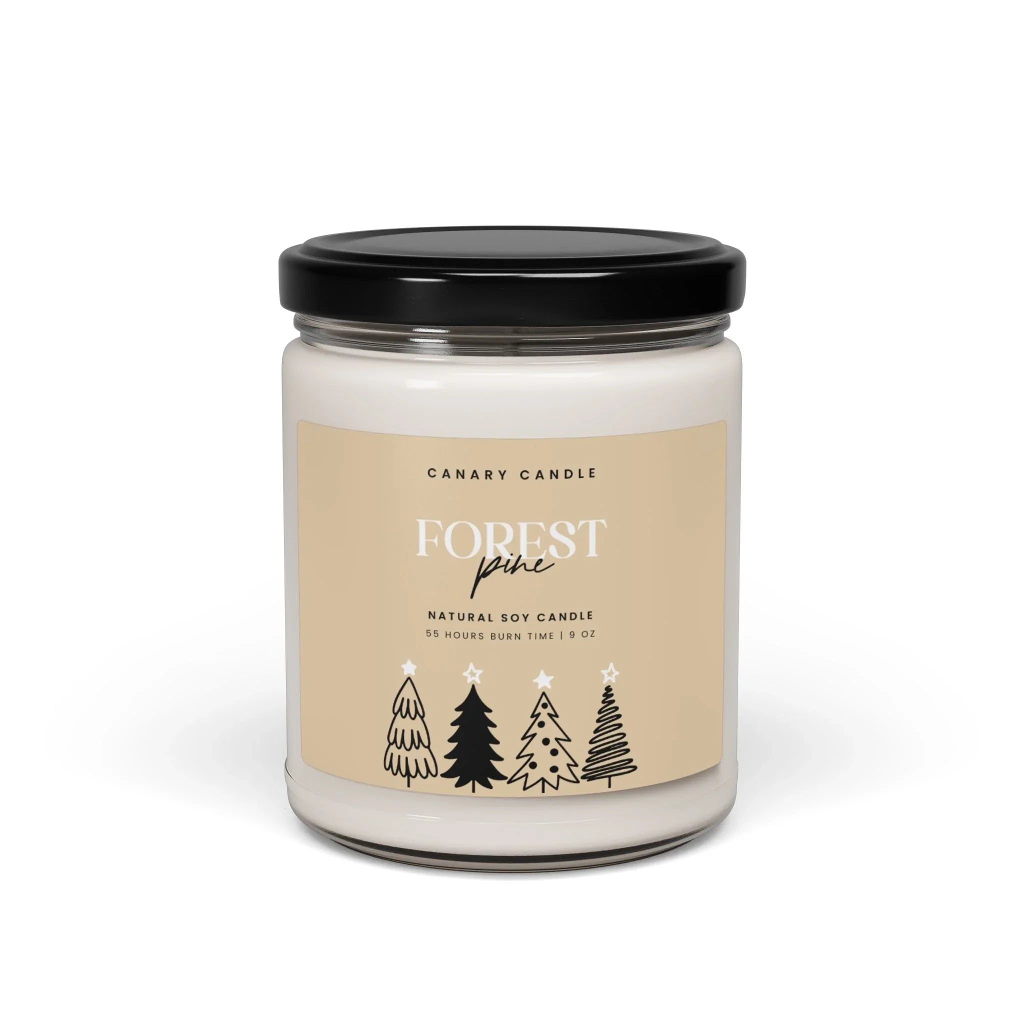 Forest Pine Soy Candle in a glass jar with a label featuring trees in black, showcasing a natural scented candle.
