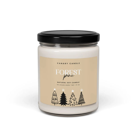 Forest Pine Soy Candle in a glass jar with a label featuring trees in black, showcasing a natural scented candle.