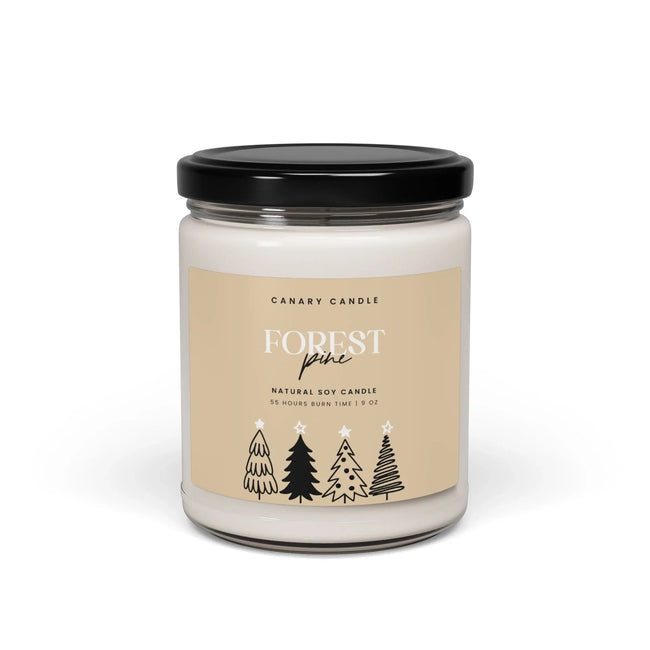 Forest Pine Soy Candle in a glass jar with a label featuring trees in black, showcasing a natural scented candle.