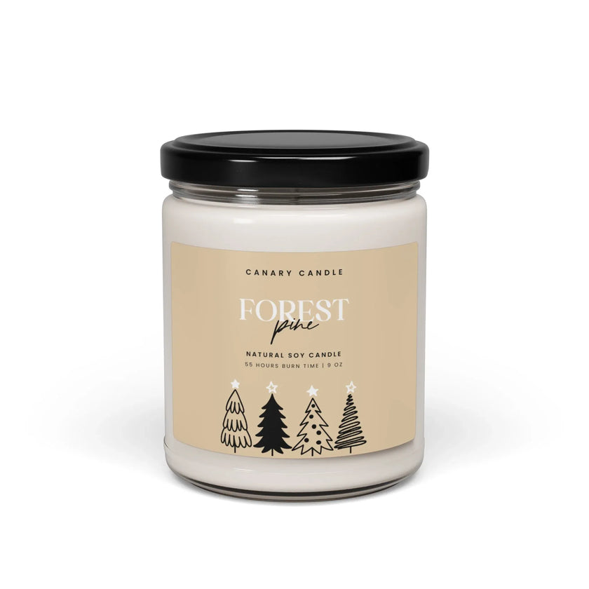 Forest Pine Soy Candle in a glass jar with a label featuring trees in black, showcasing a natural scented candle.