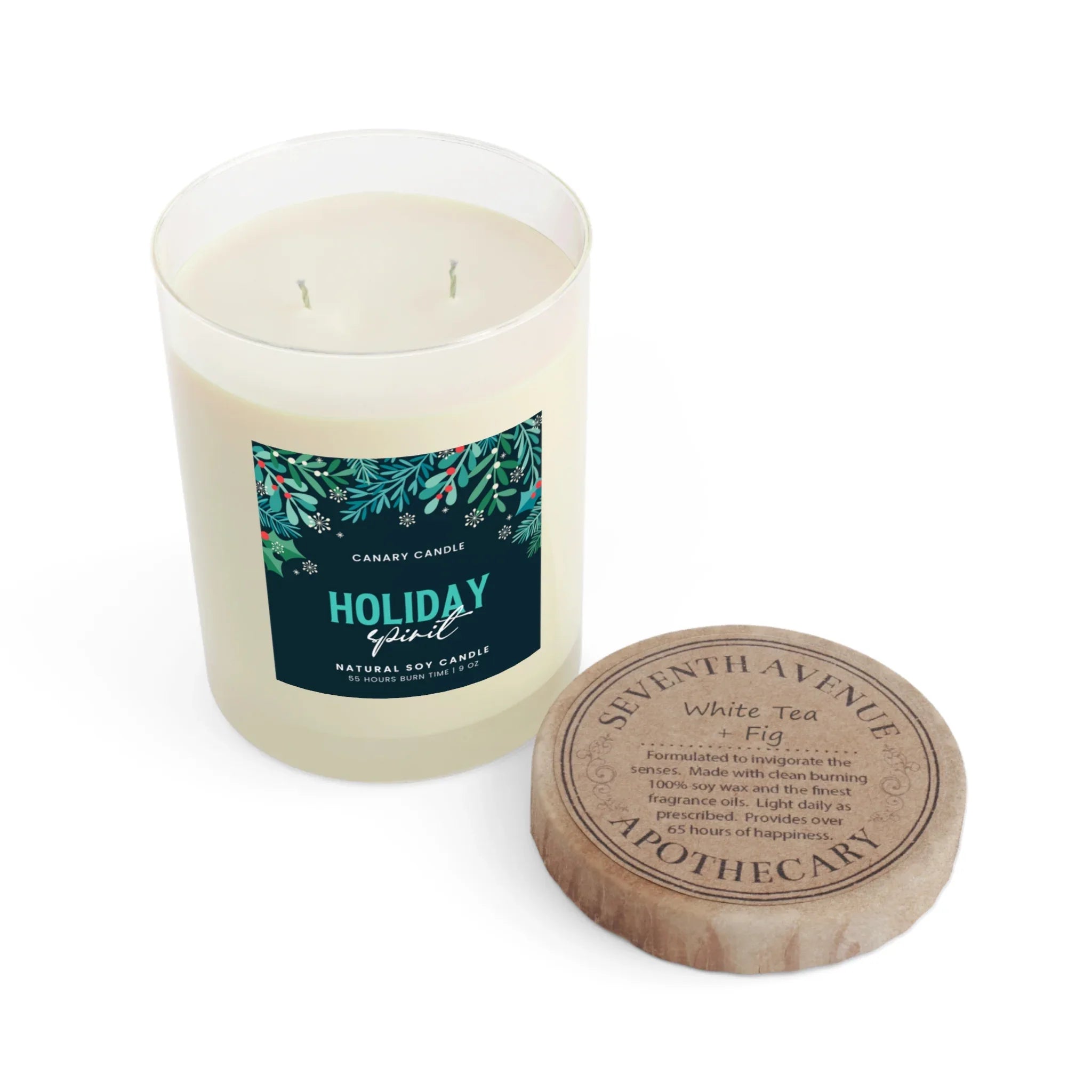 Holiday Spirit Scented Candle 11oz in a glass jar with double cotton wicks and a wooden lid showing White Tea & Fig.