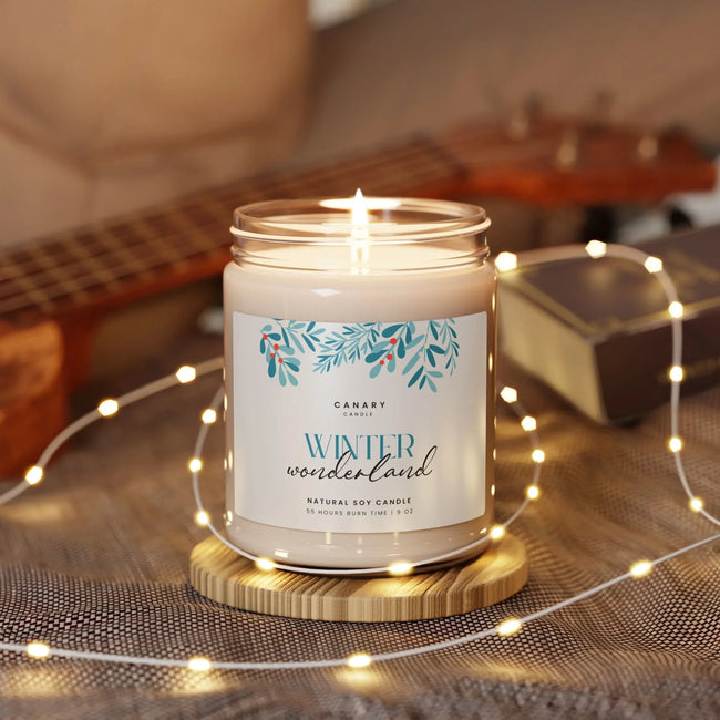 Holiday Aromatherapy candle – Winter Wonderland Scented in a cozy setting with fairy lights.