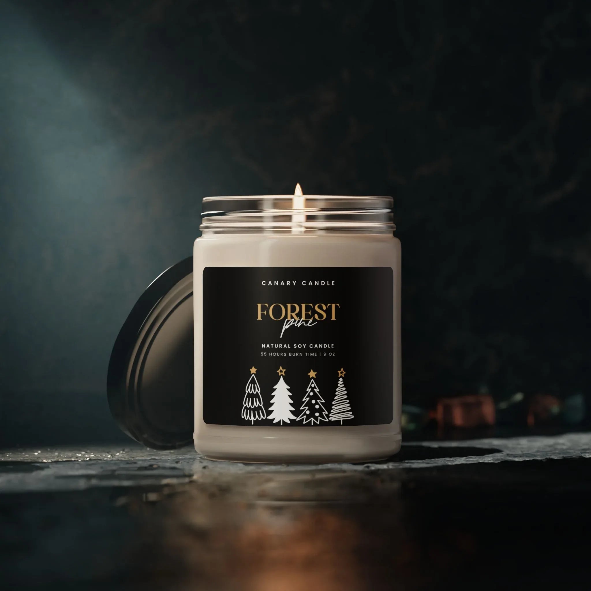 Holiday candle - Forest Pine Scented Soy in an elegant glass jar with a cotton wick.