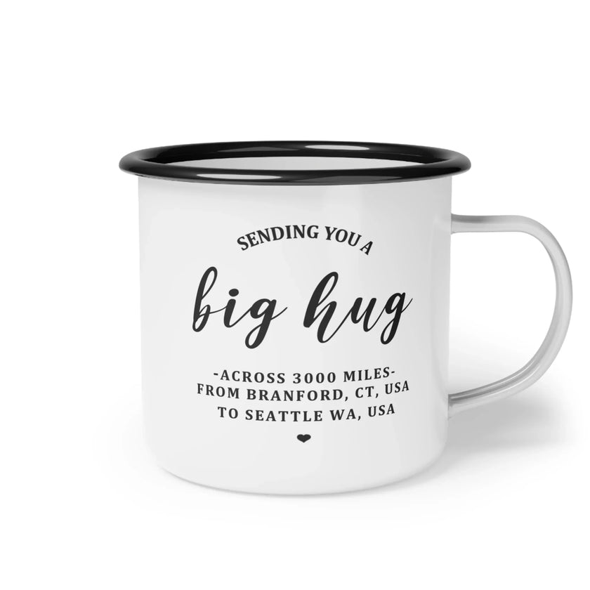 Personalized Distance Enamel Mug with a message 'Sending You a Big Hug' printed on it.