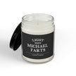Funny personalized candle with a humorous label that says 'Light When Michael Farts' in a glass jar.