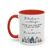 Personalized Thank You mug with village design and red handle, featuring heartfelt message for families.
