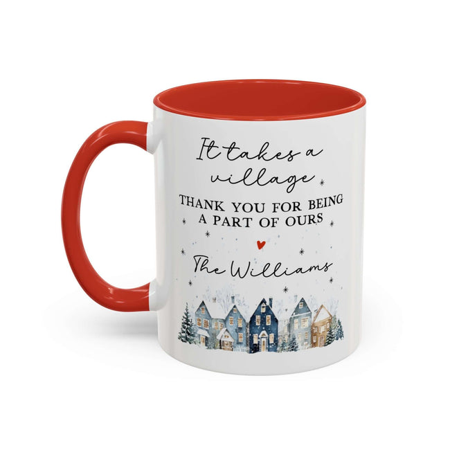 Personalized Thank You mug with village design and red handle, featuring heartfelt message for families.
