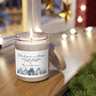 Thank You gift - Personalized Holiday Village Soy Candle with burning wick and village-themed label on a cozy table.
