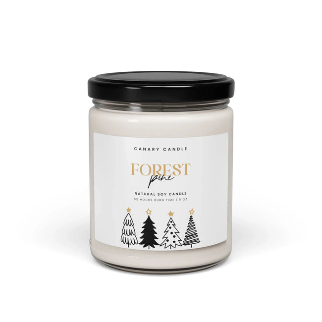 Forest Pine Soy Candle in a reusable glass jar with festive tree illustrations