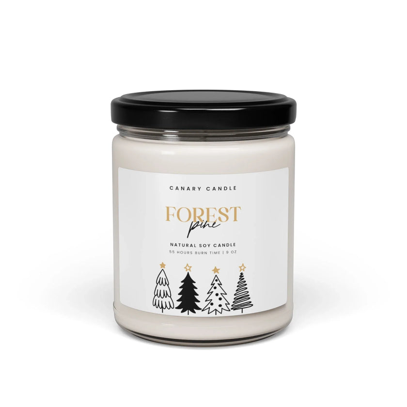 Forest Pine Soy Candle in a reusable glass jar with festive tree illustrations
