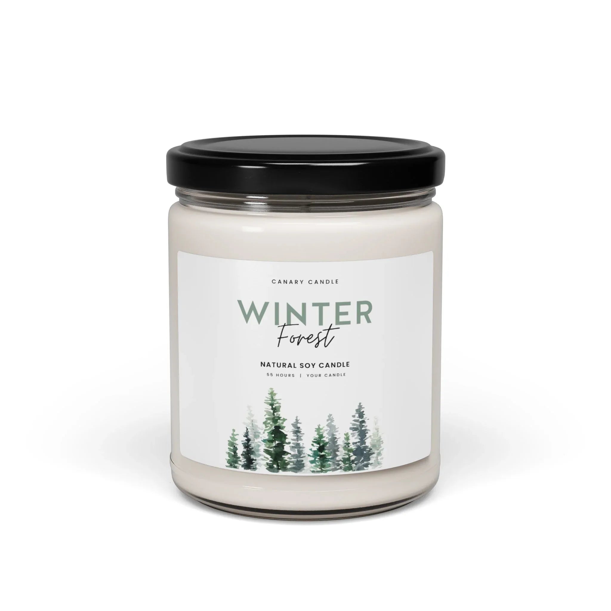 Winter Candle - Forest Scented Soy in reusable glass jar with glossy label for winter ambiance.