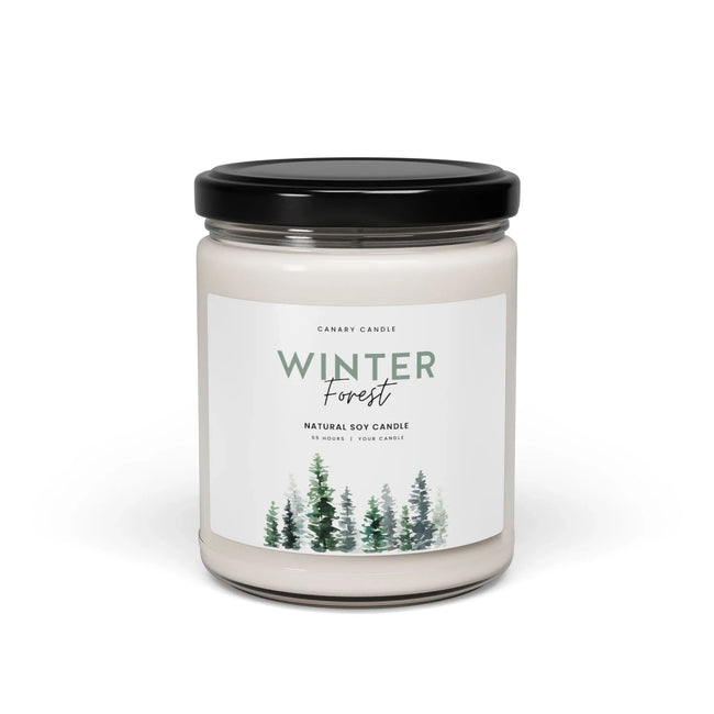 Winter Candle - Forest Scented Soy in reusable glass jar with glossy label for winter ambiance.
