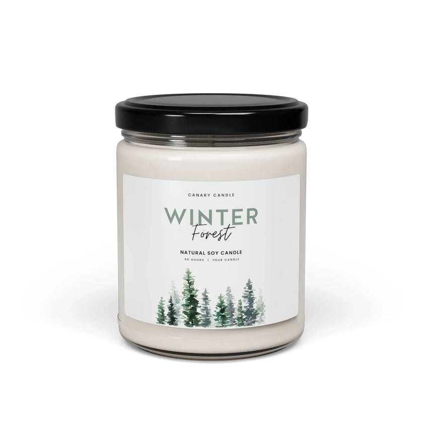 Winter Candle - Forest Scented Soy in reusable glass jar with glossy label for winter ambiance.