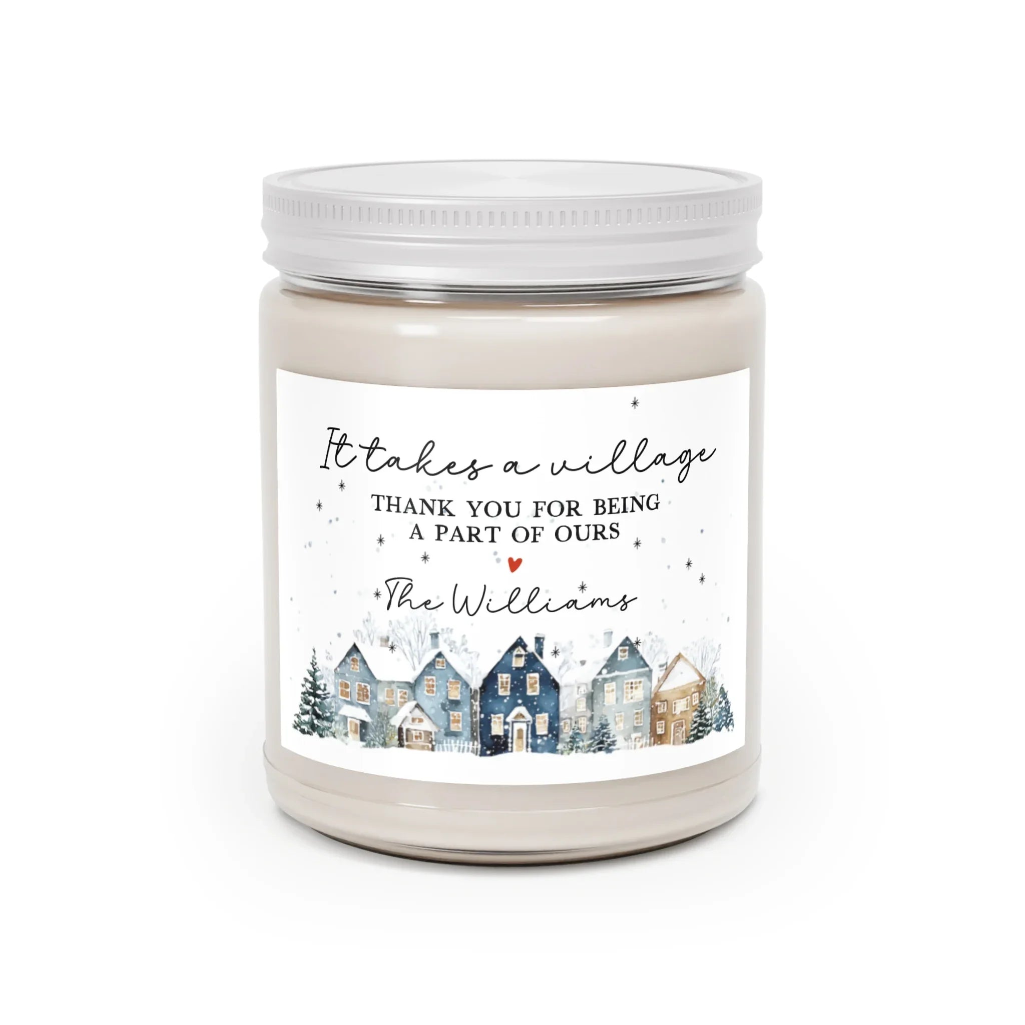 Thank You Gift - Personalized Holiday Village Soy Candle with custom snowy village artwork and heartfelt message design
