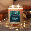 Holiday Spirit Scented Candle with double cotton wicks, showcasing festive design and holiday warmth.