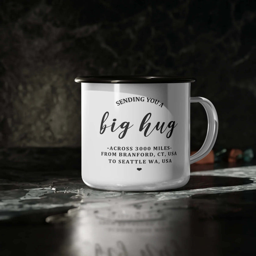 Personalized Distance Enamel Mug with message 'Sending You a Big Hug' on a dark background.