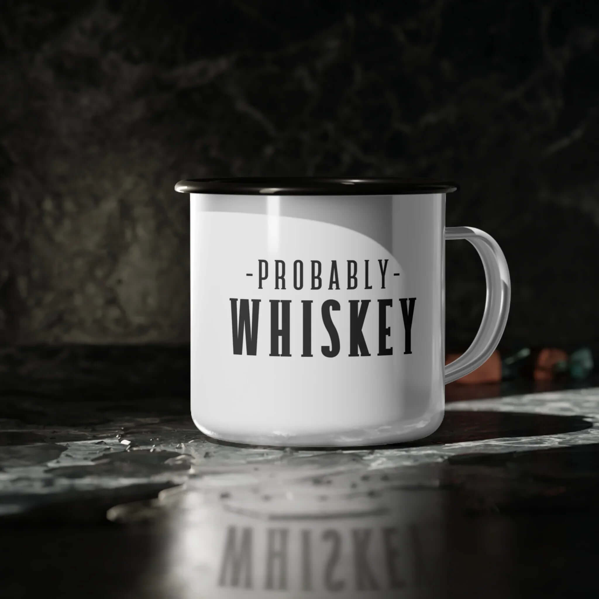 Funny Enamel Mug featuring the words 'Probably Whiskey' for outdoor adventures or gift giving.