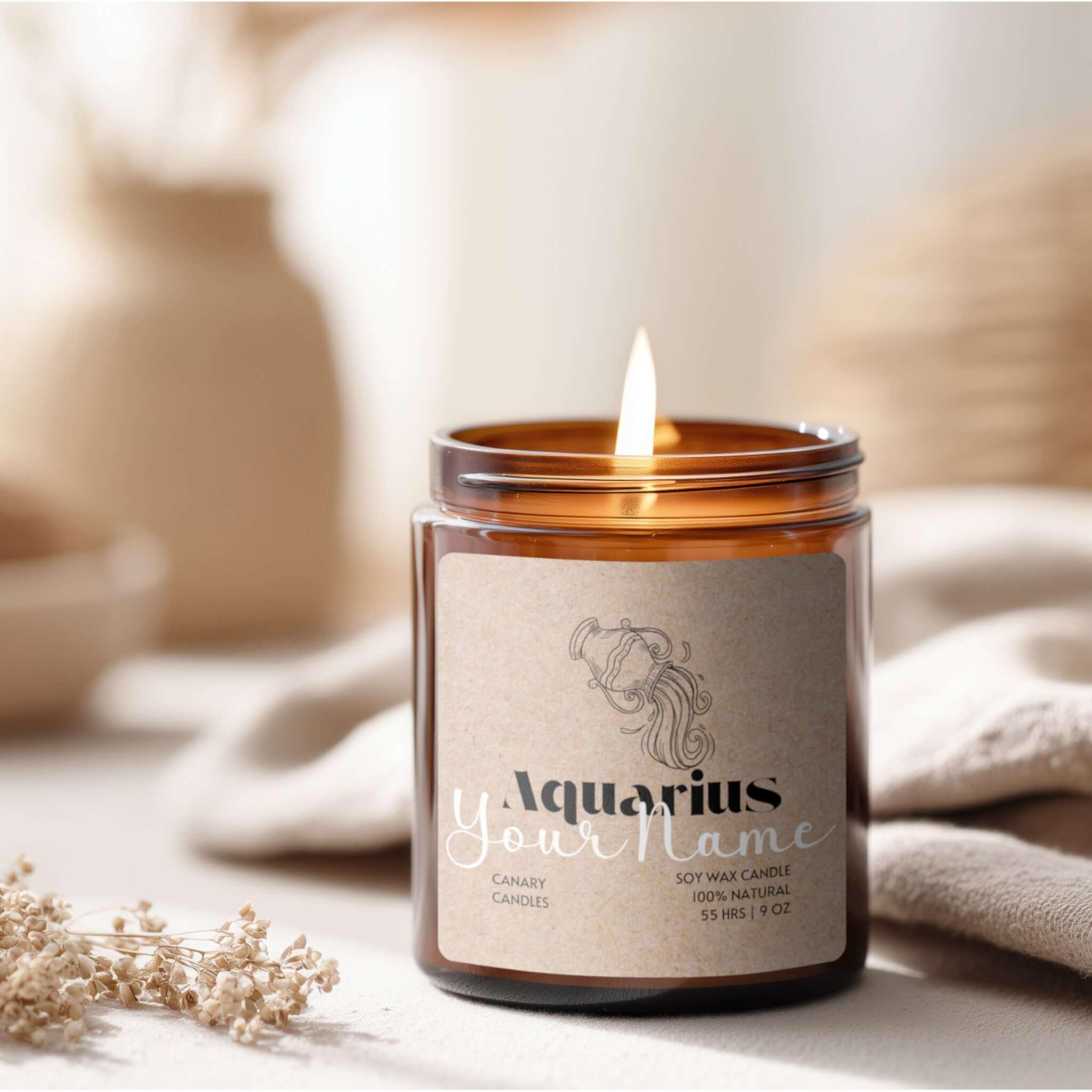 Aquarius Zodiac Soy Candle — Amber Jar Scented Candle (Customizable Label) - Canary Candle