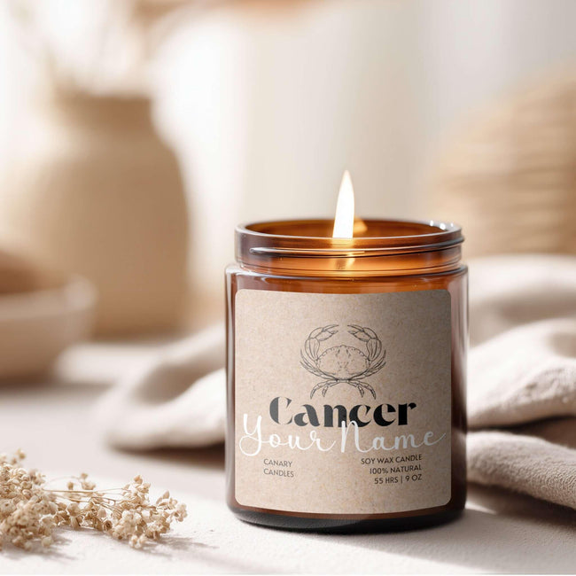 Cancer Zodiac Soy Candle — Amber Jar, Custom Name, Gift for Cancer Season - Canary Candle
