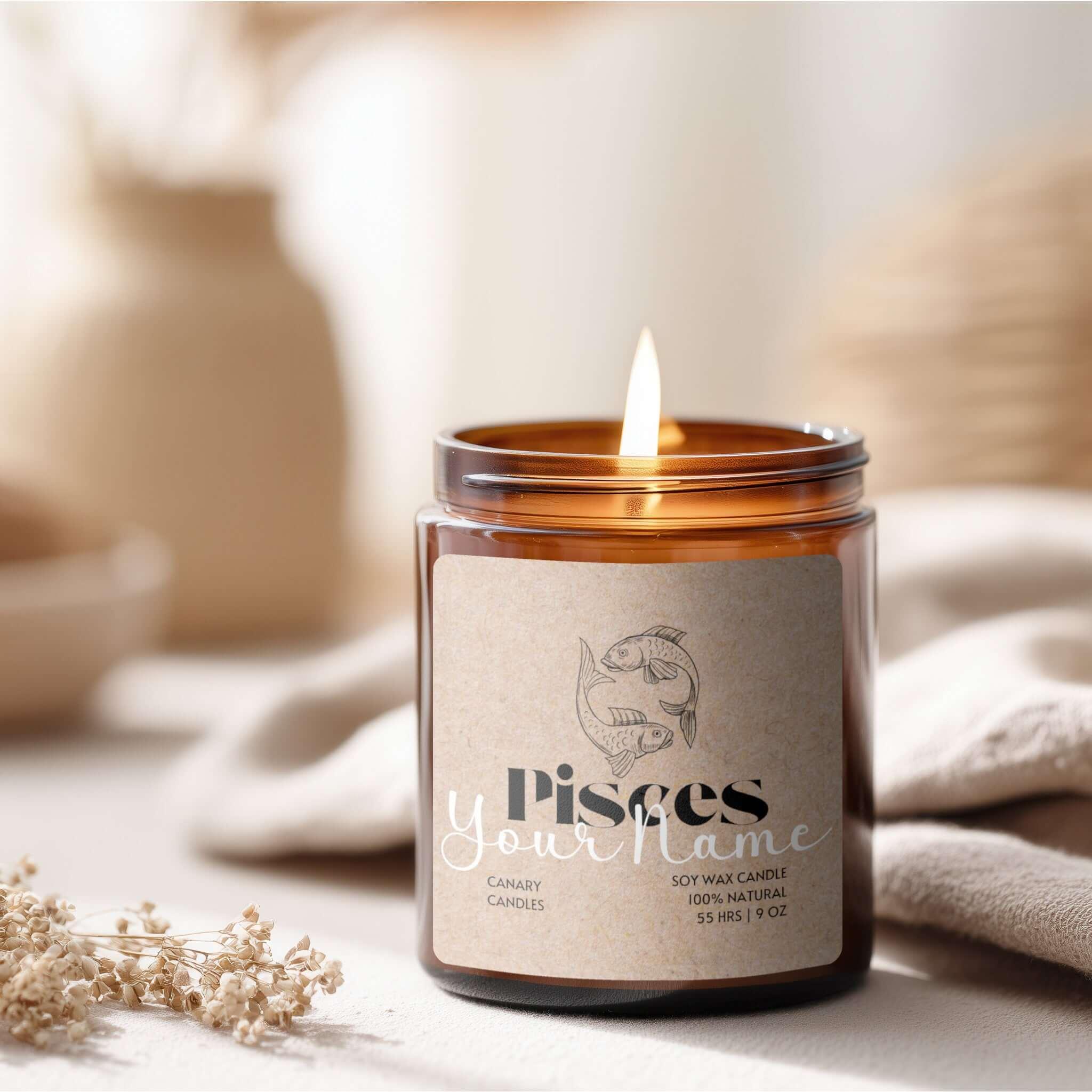 Pisces Soy Candle — Amber Jar Scented Candle (Custom Label, Multi-Size) - Canary Candle
