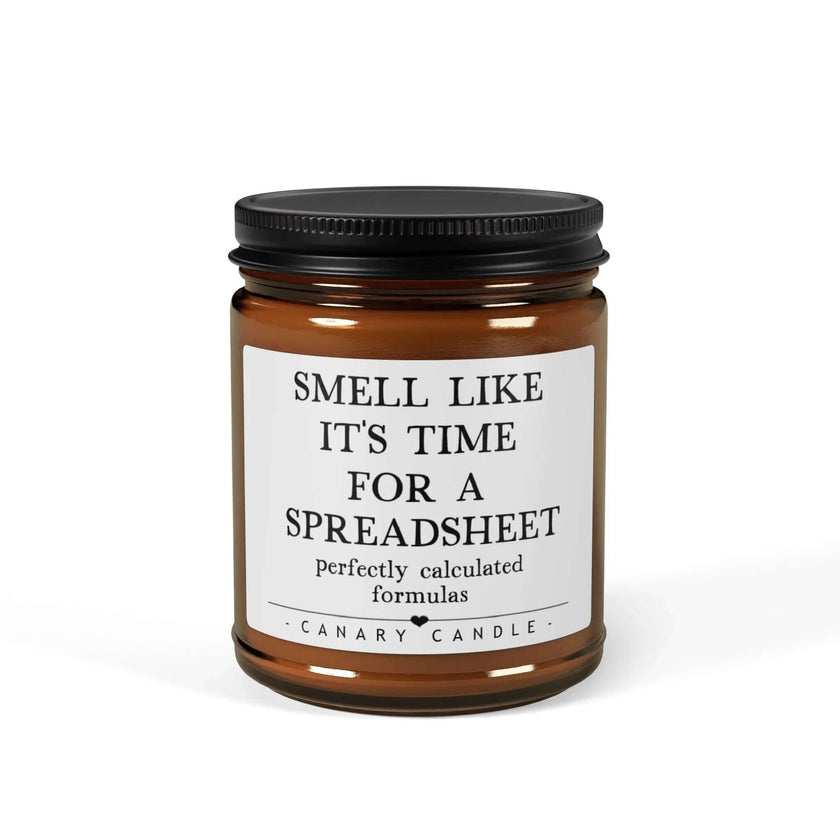 Scented soy candle in amber jar, perfect for a funny coworker gift, with a playful label for workspaces.