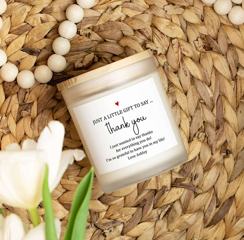 Thank You Candle — Frosted Glass 11oz Gift Candle with a PERSONALIZED heartfelt gratitude message on woven mat background