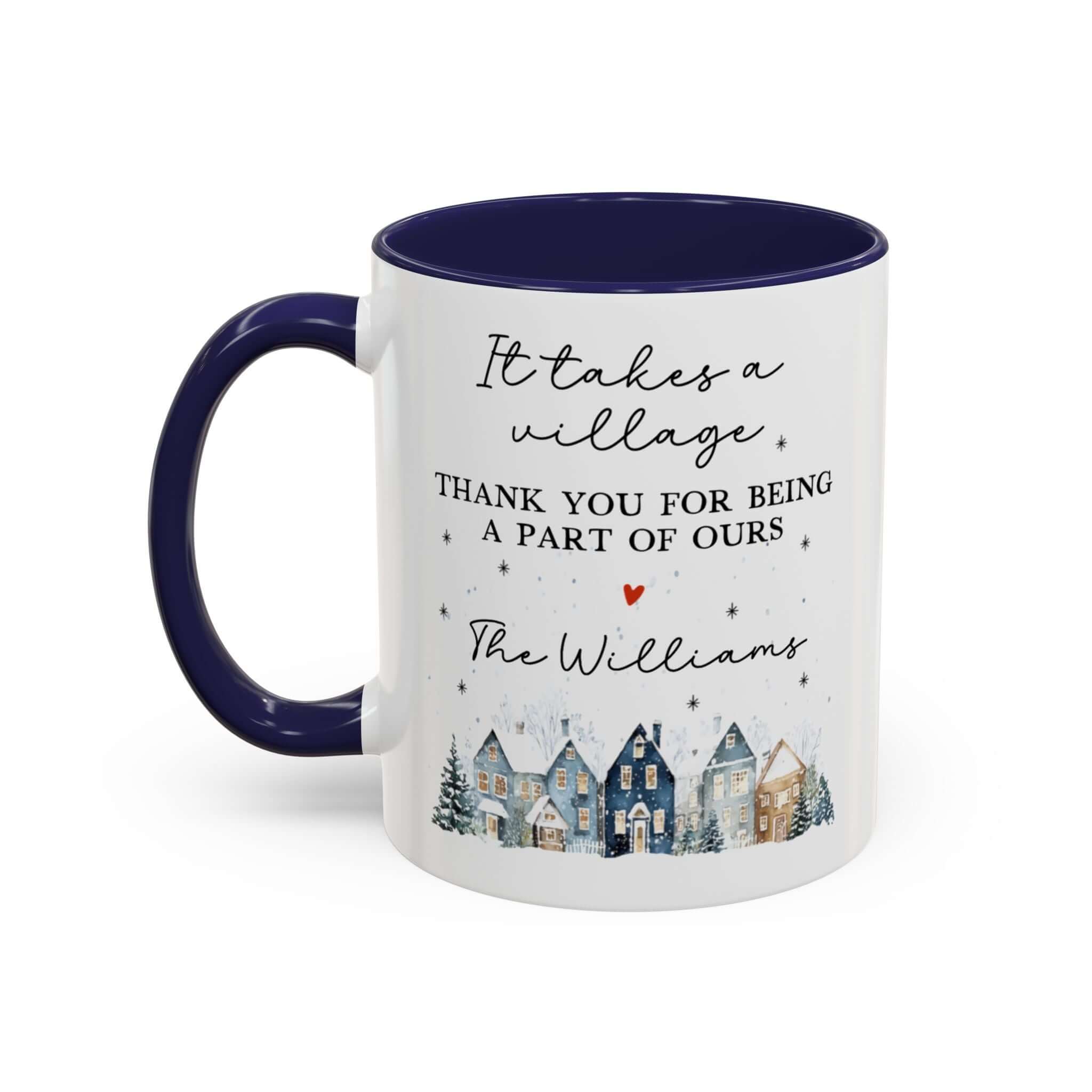 Personalized Thank You mug featuring winter village design and heartfelt message for family.