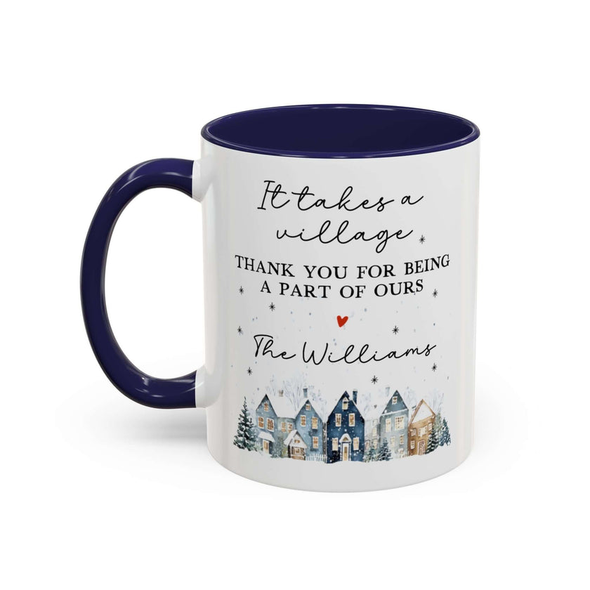 Personalized Thank You mug featuring winter village design and heartfelt message for family.