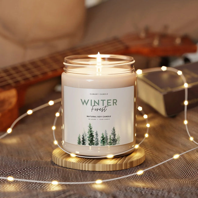 Winter Candle - Forest Scented Soy natural candle in a cozy ambiance with soft lights and a guitar.