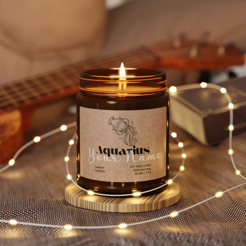 Aquarius Zodiac Soy Candle — Amber Jar Scented Candle (Customizable Label) - Canary Candle