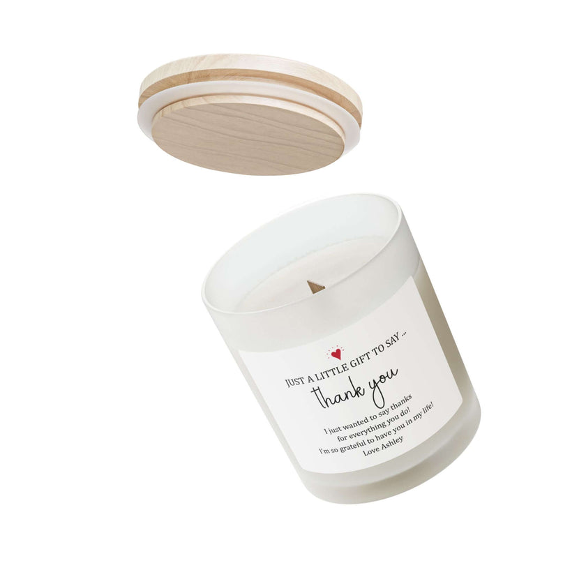 Thank You Candle — Frosted Glass 11oz Gift Candle with wooden lid and delicate scent.