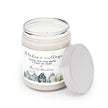 Thank You gift - Personalized Holiday Village Soy Candle in jar with winter village design and lid open.