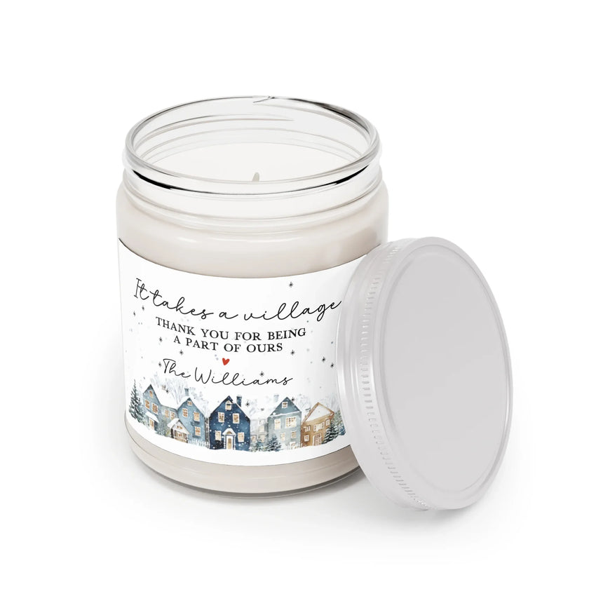 Thank You gift - Personalized Holiday Village Soy Candle in jar with winter village design and lid open.