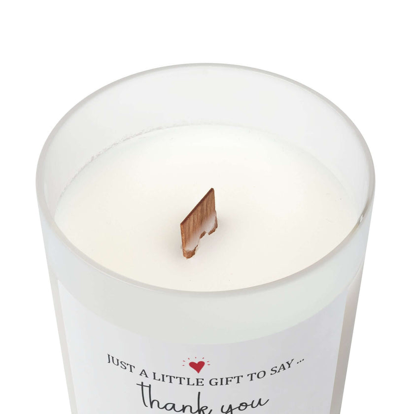 Thank You Candle — Frosted Glass 11oz Gift Candle with wooden wick and creamy wax in frosted glass jar.