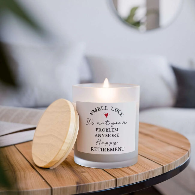Retirement Gift Candle with playful message on frosted glass, perfect for celebrating a joyful retirement.