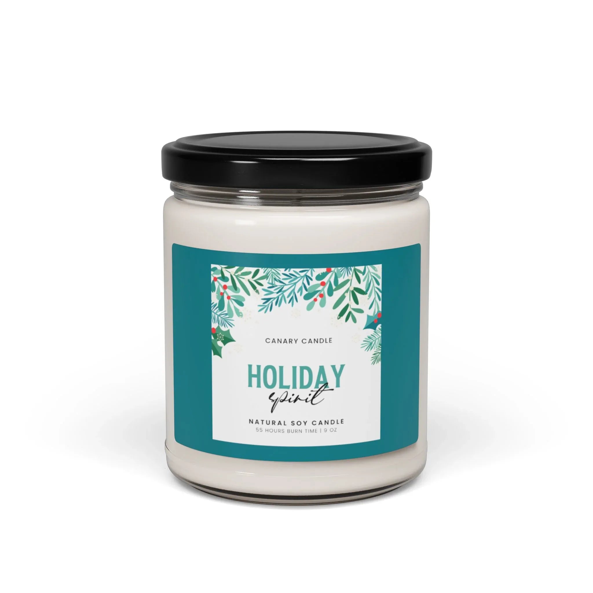Natural Holiday Candle in reusable jar with festive holiday spirit design, hand-poured soy candle for cozy evenings.