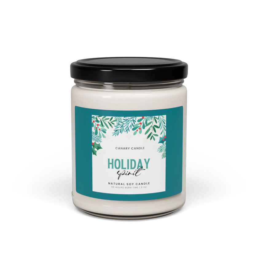 Natural Holiday Candle in reusable jar with festive holiday spirit design, hand-poured soy candle for cozy evenings.